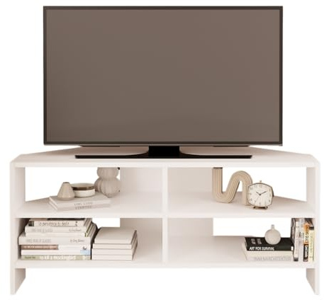 Bimossa Roy Corner TV Unit for 43–48 Inch TVs, Modern Corner TV Stand Cabinet with Storage Shelves, Space Saving Media Console for Living Room, Compact Television Stand with 6 Colour Options (White)