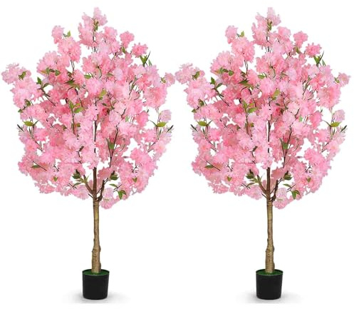 2 Pack Cherry Blossom Tree Artificial- Realistic Fake Flowering Tree with Nursery Pot, Large Decorative Faux Sakura Plant for Garden, Hotel,Office, Wedding 120cm/3.9FT