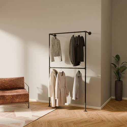 pamo Barra de ropa de pared estilo industrial – Carga 160 kg – Perchero metálico negro con tubos de acero – Para vestidor abierto o armario sin puertas – Robusto y fácil de instalar