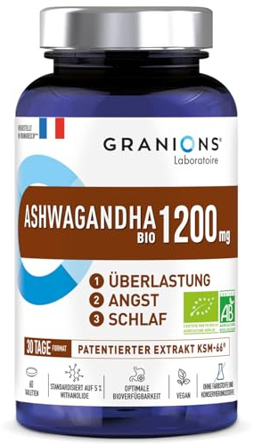 Ashwagandha Kapseln KSM-66 hochdosiert 1200 mg – 60 Tabletten – Natürlicher Stressabbau & cortisol senken – Unterstützt Schlaf, Energie & Nerven – Anti-Stress Nahrungsergänzung - GRANIONS