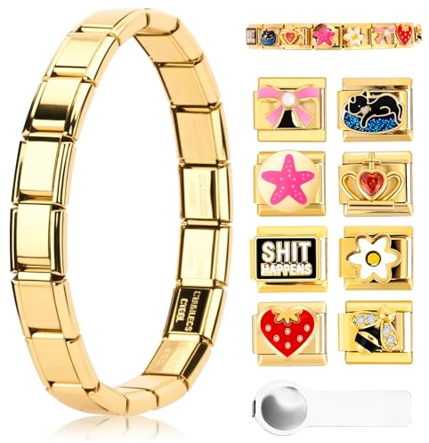 Ouxayapl Italian Charm Bracelet Gold Italian Charms Set di bracciali fai da te con moduli rimovibili per braccialetti da 9 mm, braccialetti con charm italiani in oro con strumento di apertura per