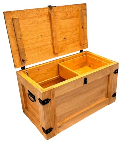 weeco Baúl de madera con estante móvil y ruedas, caja de madera con cajón deslizante, cofre del tesoro de madera, caja de almacenamiento con tapa plegable, 80 x 47 x 45 cm, 24 kg, color roble