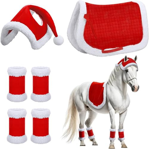 6 pezzi/set di costumi di Natale include cappello di Babbo Natale rosso da cavallo, 4 pezzi di fasce per gambe di cavallo e sella, costumi di in morbido peluche spesso per decorazioni di caval