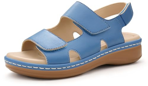 PIZZ ANNU Clara Women's Orthopedic Sandals Wedge Walking with Arch Support, Comfortable Chunky Lightweight Hook & Loop Summer Shoes for Everyday Wear Blue Size 5