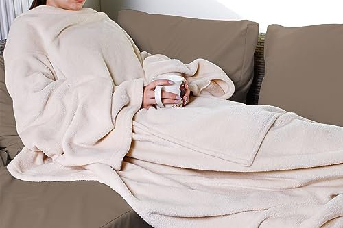 XL Kuscheldecke mit Ärmeln 240 x 150 cm - beige - Fleece Ganzkörperdecke zum Anziehen mit Kängurutasche - Ärmeldecke Deckenjacke Fernsehdecke Sofadecke Relax Fleece TV Decke groß