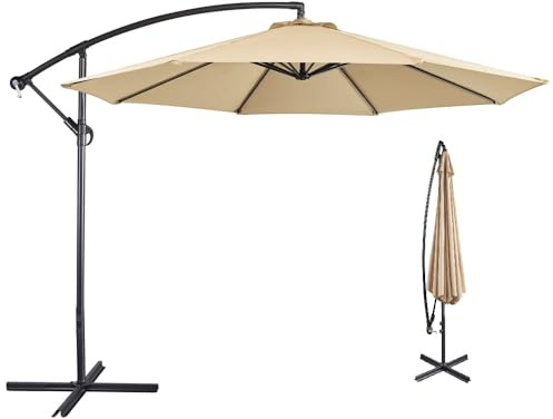 Yaheetech Cantilever Parasol Umbrella 3m Outdoor Sun Shade Banana Hanging Parasol Beach Umbrella with Crank Handle & Cross Base & Ribs Tan