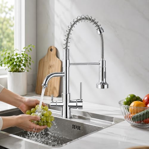 TVTIUO Rubinetti da Cucina a 3 Vie Rubinetto Cucina con Doccetta Estraibile Miscelatore Acqua Potabile in Otone con Filtro Per L'acqua Acqua Bocca Girevole a 360 °,Spray Pull-down,Cromato