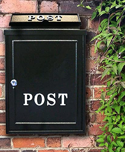 Vintage Decor by DWD® Weatherproof Post Box Plain Design Personalisable-Lockable Heavy Duty Secure Wall Mounted Letter Mail Post Box Post for Walls/Gates/Garages.Charming, (Black with White Post Sign)