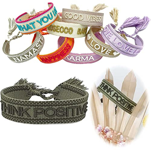 LS-LebenStil Exklusives Statement Armband - das Original - Think Positive Khaki Grün 16-20cm Quasten besticktes Boho Canvas Webarmband Damen Freundschaftsarmband Geschenk gewebt textil Stoffarmband