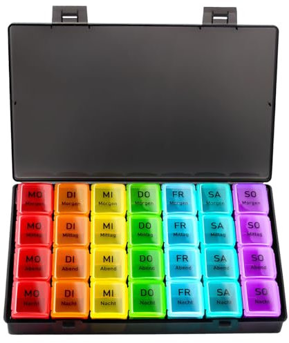 OBSGUMU Tablettenbox 7 Tage Morgens Mittags Abends, Feuchtigkeitsbeständig Medikamentenbox, Tragbar Tablettendose 4 Fächer Eignen für Kinder, Ältere Menschen zur Aufbewahrung von Medikamenten