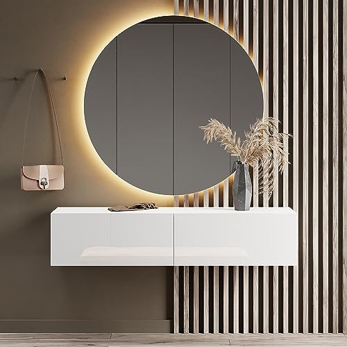 Planetmöbel Flurgarderobe 1x 140 cm inkl. Spiegel rund mit Beleuchtung 100 cm, Weiß, Flur Möbel mit Spiegel, 37,8T x 140B x 32,5H cm