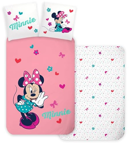 Brandmac Minnie Mouse 3-Piece 100% Cotton Bedding Set - Duvet Cover 140 x 200 cm + Pillowcase 65 x 65 cm + Fitted Sheet