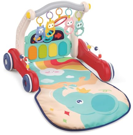 LUDI - Tapis d’Éveil & Chariot de Marche 3-en-1 - Table d’Activités avec Piano Musical et Hochets Sonores - Évolutif de la Naissance à la Marche - Dès 0 Mois - 72 x 46 cm