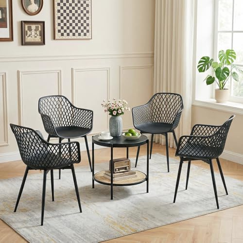 buybyroom Sillas de Comedor, Sillas de Cocina Pack 4 con Reposabrazos, Patas de Metal, Respaldo Ergonómico, Asiento Ancho, para Comedor, salón, Capacidad de Carga 120 kg, Negra