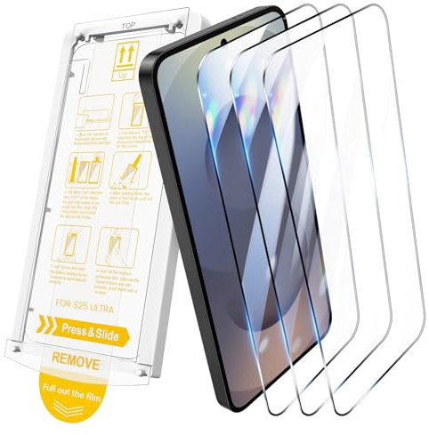 HWeggo Samsung S25 Ultra skärmskydd med 3-pack, enkel installation med utjämningsram för dragband, stöder upplåsning av fingeravtryck, transparent glasfilm