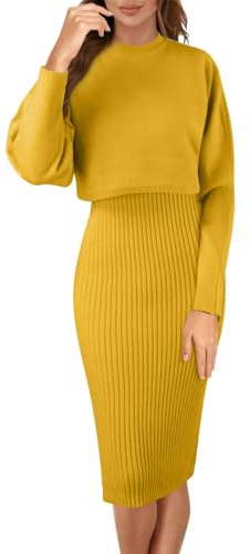 Robe en Tricot Femme 2 Pièces Ensembles Couleur Unie Robe Pull Taille Haute et Jupe Tricoté Pull à Col Rond Robes Tricotée Loungewear Aotumne Hiver Midi Robes Loisirs