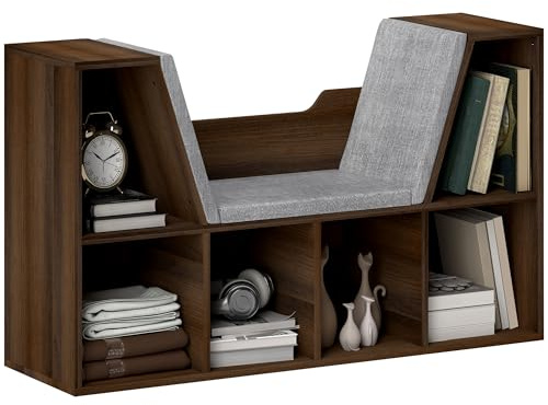 HOMCOM Bookcase Storage Shelf with Cushioned Reading Seat, Cube Bookshelf Organizer for Bedroom Living Room, Chestnut