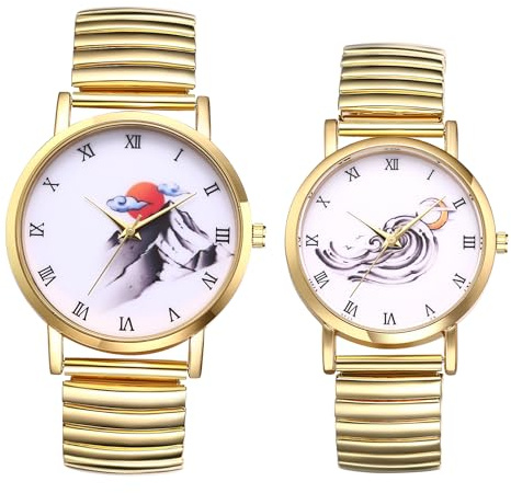 JewelryWe Elastiska guldklockor för par: 2 st sol måne berg hav analog kvarts armbandsur rostfritt stål stretch armband romerska siffror partner vänskapsklocka alla hjärtans dag par gåva, Guld