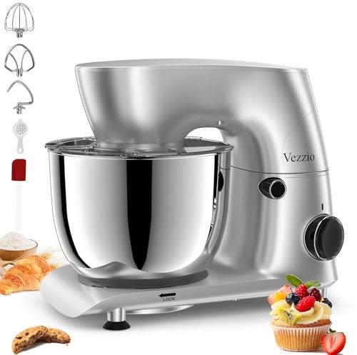 Vezzio Impastatrice Planetaria, 1500W Robot da Cucina Multifunzione, 5.5L 10 Velocità Impastatrice Professionale con Frusta, Gancio per Impastare, Frusta per Dolci, Ciotola di Acciaio Inossidabile