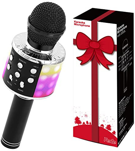 Fede Microfono Karaoke Bluetooth Wireless per Bambini, Karaoke Portatile con Luci LED Multicolore per Cantare, Funzione Eco, Compatibile con Android/iOS, PC o smartphone
