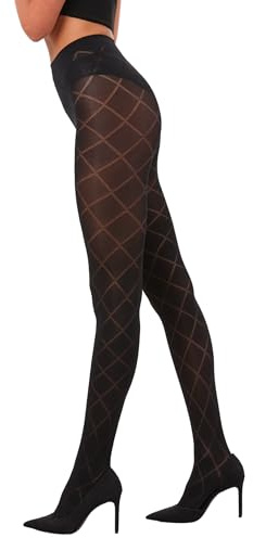 Silky Patterned Tights with Diamond Opaque Pattern Design 70 Denier 3D - Black - X-Large
