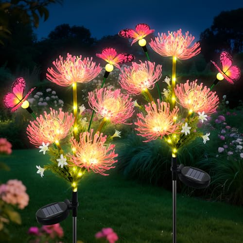 Fohil Solcellslampor för utomhusbruk, trädgård, 2 stycken 78 LED-solcellsblommor lampor för utomhusbruk med fjärilar 2 lägen vattentäta solträdgårdslampor för balkong terrass dekoration och present