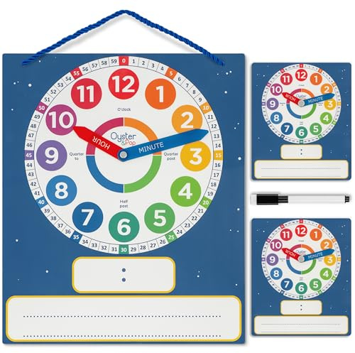 Oyster&Pop Practice Clock for Learning Time - 3 Pack Dry Erase Telling Time Teaching Clocks for Kids with Movable Hands - 1 Large Magnetic Clock + 2 Student Clock - Includes eBook
