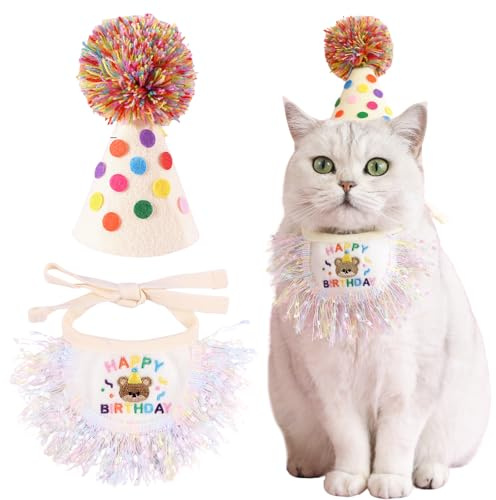Kunyeah 2 cappelli e sciarpe per animali domestici scritta Happy Birthday per cuccioli principessa, grazioso costume gatto bandana per cani cappello a cono pompon, collare