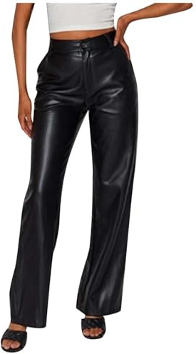 Womens Autumn Winter Faux Leather PU Wide Leg Flared Black Trousers with Button Pockets High Waist Loose Fit Stylish Leather Look Pants for Women (Black, S)