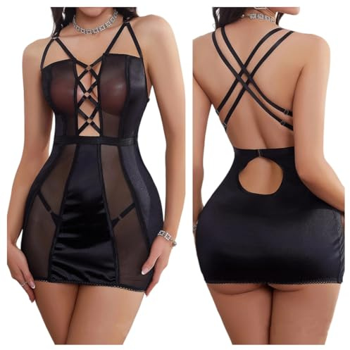 Satohom Women Sexy Bodycon Mini Dress Backless Deep V Neck Bodysuit Spaghetti Strap Sleeveless Dresses Babydoll Lingerie Formal Party Cocktail Prom Dress Perspective Ruched Bodycon Clubwear
