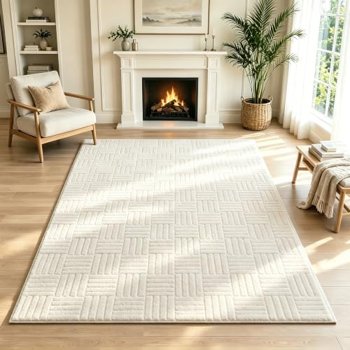 VSIWB Rugs Living Room 120x180cm Washable Soft Fluffy Area Rugs Cream Non-Slip Carpet 3D High Low Effect Modern Geometric Design for Bedroom, Dining Room, Lounge, Office, Kids Room