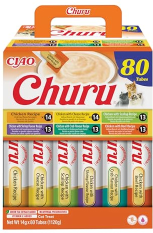 INABA Churu Katzenleckerlis Creamy Snack, Variety Box mit Huhn, Keine Nebenerzeugnisse, Getreidefrei, Zuckerfrei, Kalorienarm, Fleisch, Premium Katzen Leckerlies 14 g x 80