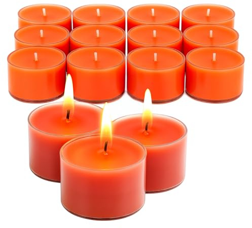 Candelo Juego de 12 velas aromáticas de color naranja invernal, cera de soja, 8 horas de combustión, velas perfumadas de Navidad en velas de té, aroma de invierno con fundas transparentes, velas
