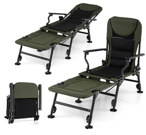 KOMFOTTEU Silla de Pesca Plegable con Respaldo Reclinable, Silla de Camping Acolchado con Reposabrazos y Patas Ajustables, Tumbona Portátil para Patio, Playa, Jardín (Modelo 2)