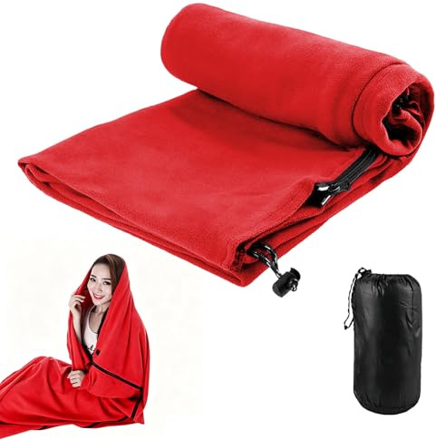 Sac de couchage en polaire - Sac de couchage d'été léger - Peut être couplé - Lavable - Fermeture éclair à double sens - Pour camping, voyage, auberge - 180 x 82 cm - Rouge