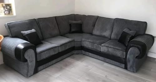 Grey Fabric & Black Faux Leather 3+2 Corner Armchair Seater Sofa Set | Modern High Back Cushioned Sofas | Deep Seat Comfort Living Room Suite | UK Home (Corner)