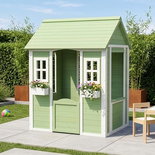[en.casa] Casetta da Gioco per Bambini in Legno di Abete con Tetto a Capanna Finestre Fioriere e Cancello Casetta da Giardino per Bimbi 144x107x90 cm Verde/Bianco