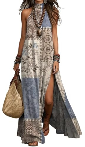 Vestido Mujer Flores Midi Halter Sin Mangas A-Line Fluido Boho Playa Vacaciones Verano Invitada Boda Casual