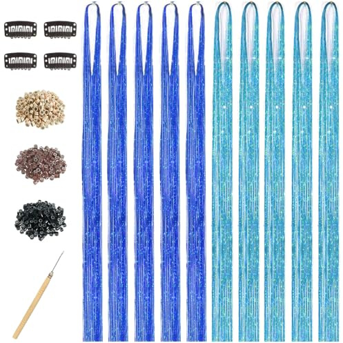 Hair Tinsel Kit for Girls, 10 Pcs 4200 Strands Fairy Tinsel Hair Extensions Holographic Hair Tinsel Heat Resistant Colored Hair Glitter Christmas Party Festival (Lake Blue+Blue)