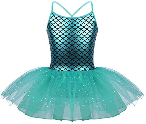 CHICTRY Bambina Costumi di Danza Paillettes Vestito Balletto Tutu Principessa Costume Sirena Glitter Leotard Danza Classica Abito da Ballo Spalline Incrociate Dancewear Stampa Lago Blu B 6 anni