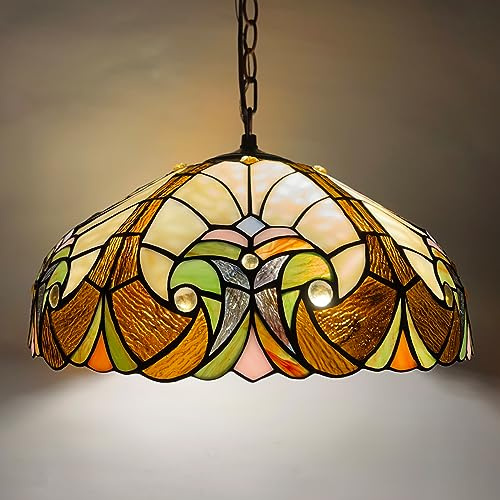 COTOSS Tiffany Pendant Light fixtures 16 Wide Stained Glass Pendant Lighting Vintage Style 2 Lights Hanging Lamp for Kitchen Dining Room Bedroom