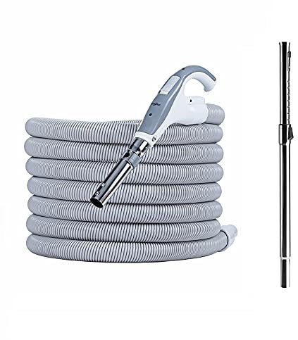HouseVac Premium Saugschlauch für Zentralstaubsauger Länge 9-12m und Teleskoprohr | Beide Schlauchenden drehen Sich um 360 Grad | mit EIN/AUS-Schalter | Clipbefestigung (10.5m)