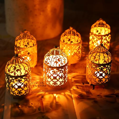 JHY DESIGN 6 Pcs 14 cm Hight Small Metal Candlestick Hanging Birdcage Tealight Hollow Candle Holders Lanterns for Table Valentine Indoor Outdoor Gifts Wedding Party Events (White)