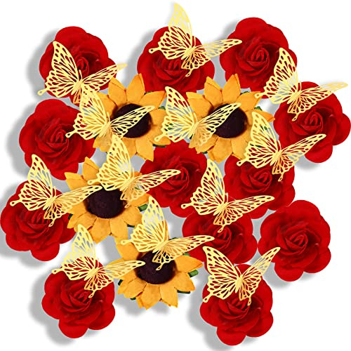 30 Pcs Stick Flat Back Roses Floral Stickers DIY Graduation Cap Decorations Kit Adhesive Backed Roses Yellow Sunflower Heads 3D Butterfly Art Stickers for Graduation Cap Craft Decor(Red)