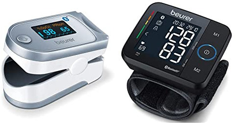Beurer Oxímetro de pulso PO 60 con Bluetooth + BC 54 Tensiómetro de muñeca con conexión a app, tecnología de inflado, indicador de riesgo por colores y detección de arritmias