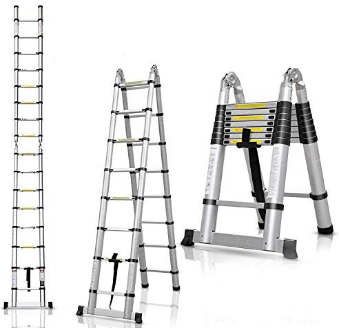 Escalera telescópica de Aluminio, 5 m, Escalera telescópica, 16 Pasos, Carga máxima: 150 kg
