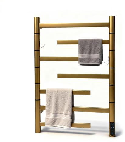 EWDPHW Heated Towel Rack Radiator, Electric Heated Towel Warmer Rack, 85W Gold Wall Mounted/Double Side Rotating Towel Warmer, 304 Stainless Steel Towel Heater Rack with Built-in Timer Plug in