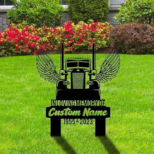 Personalized Memorial Stake for Outdoors Semi Truck Trucker Angel Wings Grave Marker 8x8 inch Custom Metal Signs Truck Driver Sympathy Gifts for Loss of Loved One (Style 20)