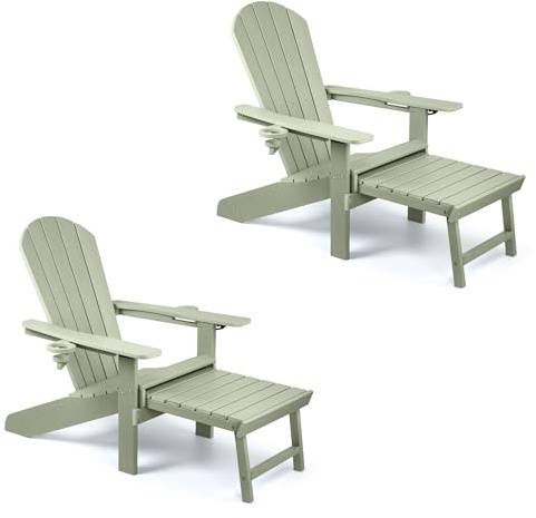 VonHaus Sage Green Adirondack Chair Set of 2 - Reclining Slatted Style Garden Chair with Pull-out Footrest - Durable Weather Resistant HDPE Plastic Outdoor Armchair for Patio & Decking - Westport