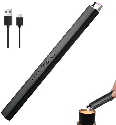 EHIOG Accendino Elettrico, accendino ad arco elettrico, display LED ricaricabile tramite USB antivento senza fiamma con collo più lungo, lungo 26,6 cm, per cucina, candele, fornelli a gas, grill, nero
